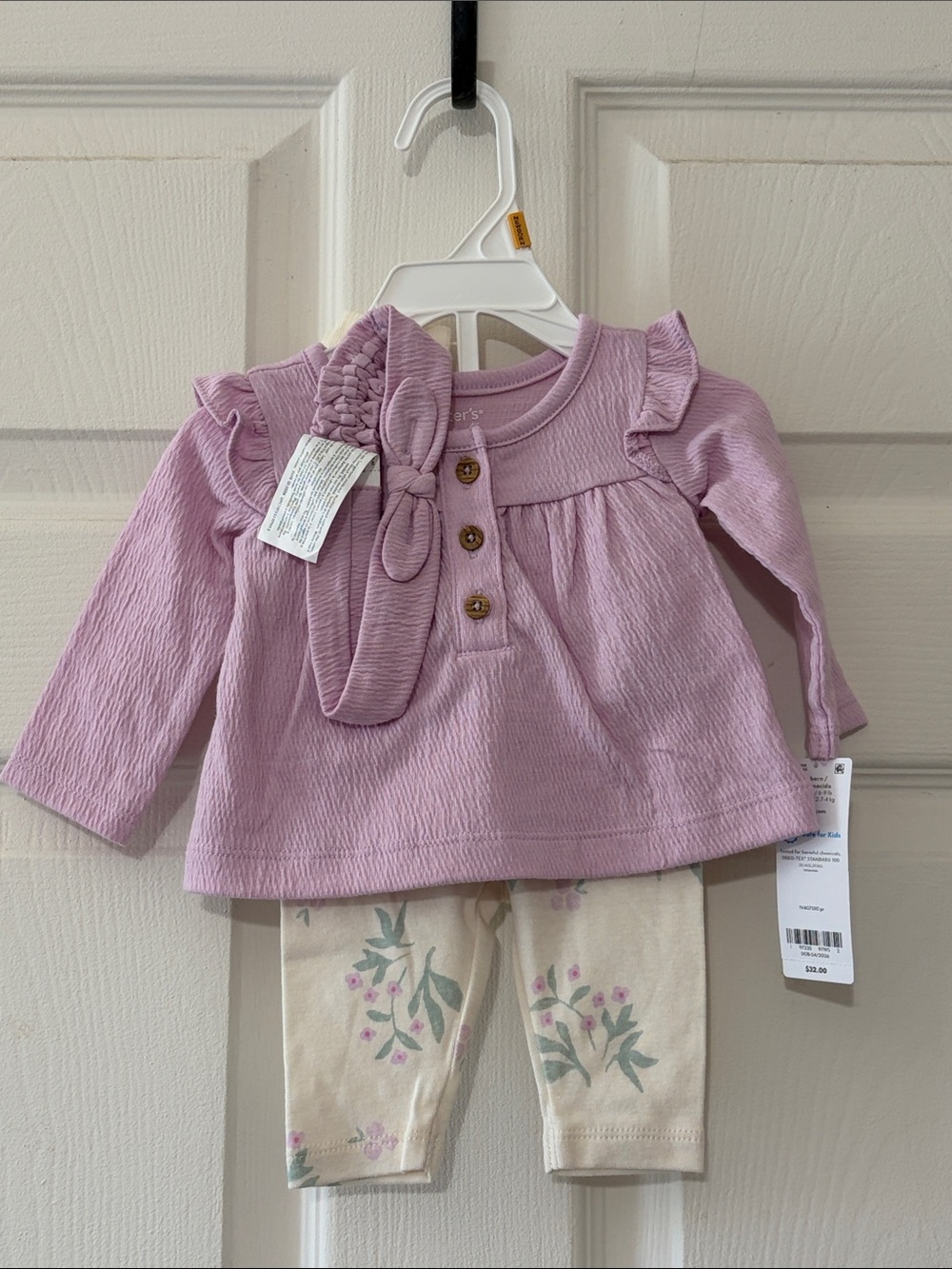 Carter's Lavender Ruffle Long-Sleeve Top with Floral Cream Leggings & Headband